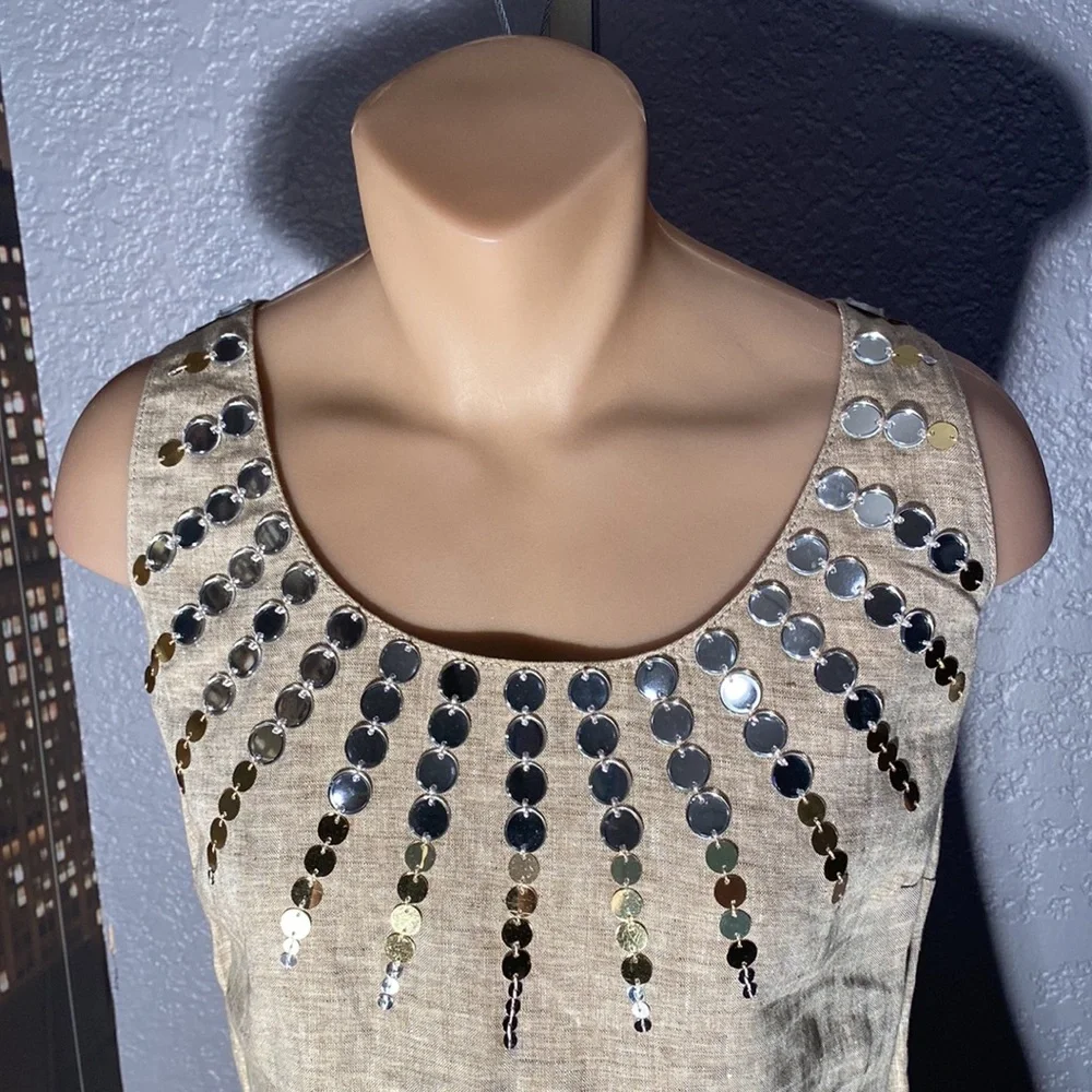 TORY BURCH - linen tank tunic w little mirror discs surrounding neck, zip - 8 - Picture 7 of 16